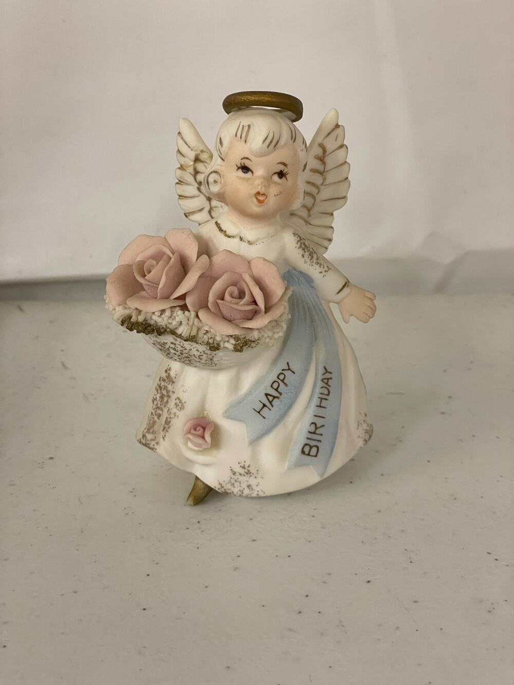 VTG Lefton #530 Happy Birthday Porcelain Angel Pink Roses Blue Sash Japan Made